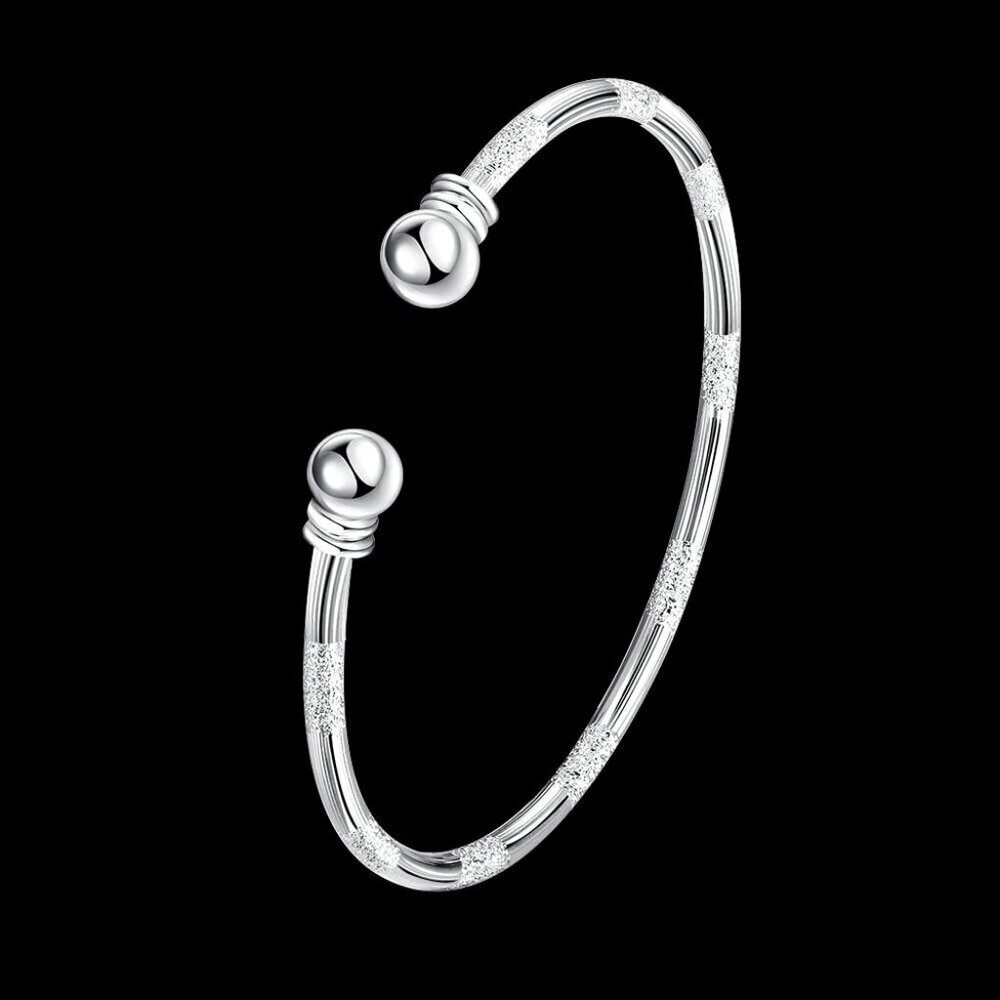 Sterling Silver Bangle Bracelet Women's Jewelry Adjustable Bead Cuff - Picture 2 of 7